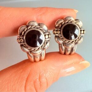 Chunky Onyx Two Tone Sterling Silver Dot & Cable Wire Design Earrings Vi…